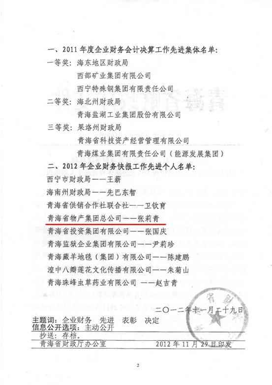 物產(chǎn)集團(tuán)榮獲2011年度財(cái)務(wù)決算先進(jìn)單位、2012年度財(cái)務(wù)快報(bào)工作先進(jìn)個(gè)人表彰
